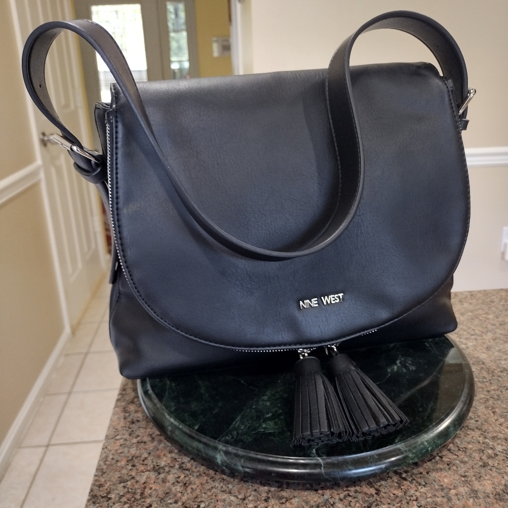 NWOT NINE WEST Black Leather Tassel Saddle Shoulder Bag